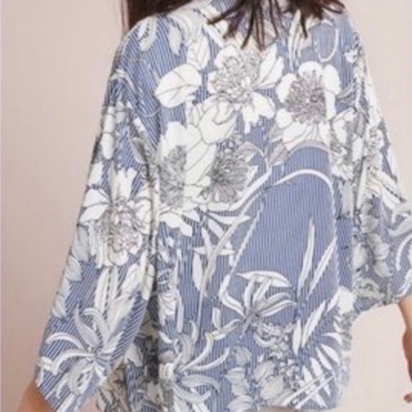 ANTHROPOLOGIE Akemi & Kin Savanah Floral & Stripe Open Front Poly Chiffon Kimono - Picture 2 of 7